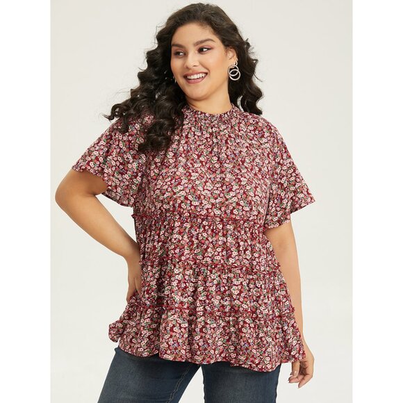 BloomChic Tops - NWT BloomChic Scarlet Ditsy Floral Frill Trim Shirred Mock Neck Blouse Size 12/L
